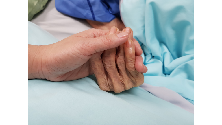 Holding grandmother's hand in the nursing care. 