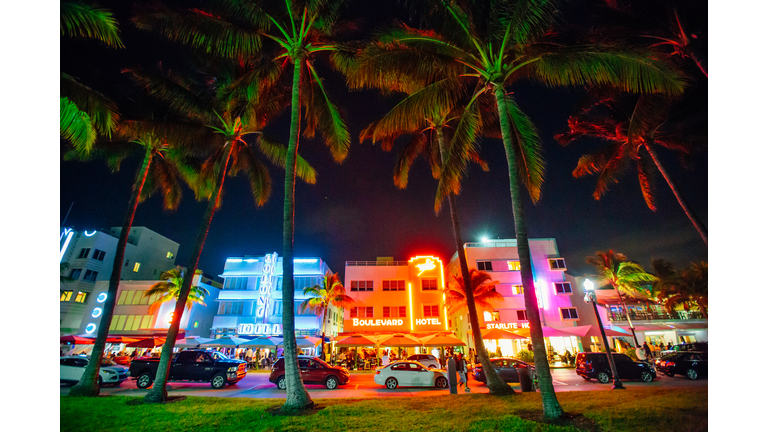 Ocean Drive and Art Deco District in South Beach, Miami at night, Florida, USA