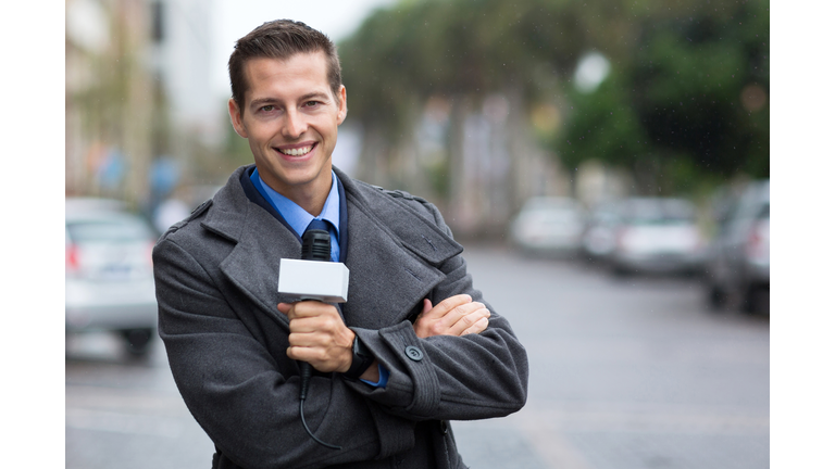 professional news reporter portrait in the city