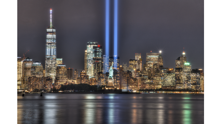 9/11 Memorial Beacons with Statue of Liberty Lower Manhattan