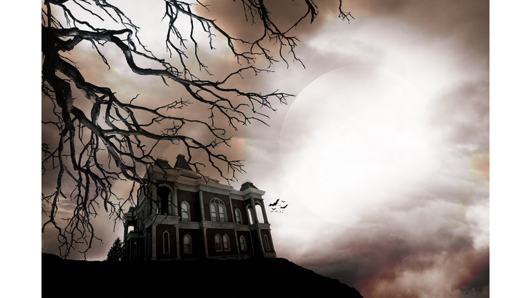 Haunted House On Top Of Hill Framed By Dead Tree
