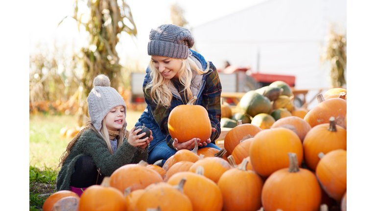 Young woman and daughter selecting pumpkin from stack at pumpkin patch