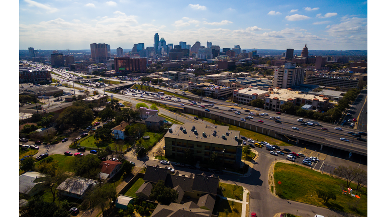 Aerial Over Austin Texas Summer Urban Traffic