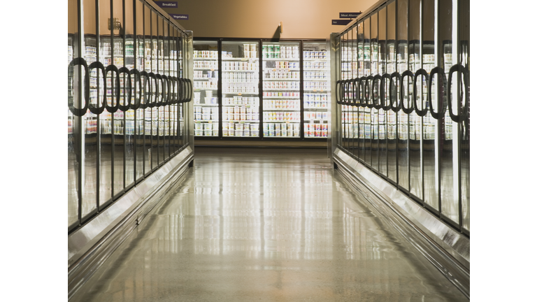 Frozen food aisle in grocery store