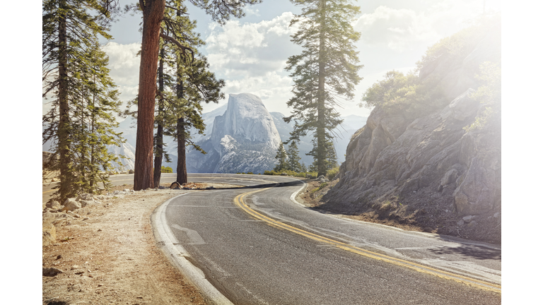 winding road with half dome in yosemite