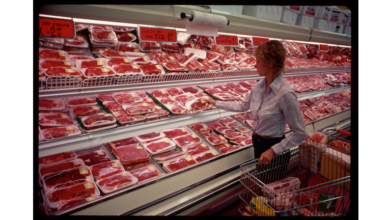 Shopper Selects Meat in Supermarket