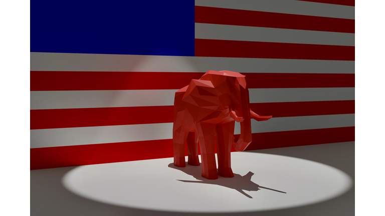 Republican Red Elephant in Spotlight on Top of American Flag