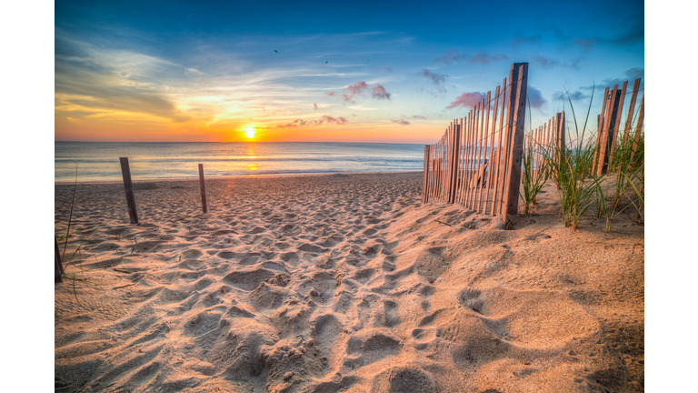 Sandy beach and Atlantic Ocean at sunrise, Outer Banks, North Carolina, USA