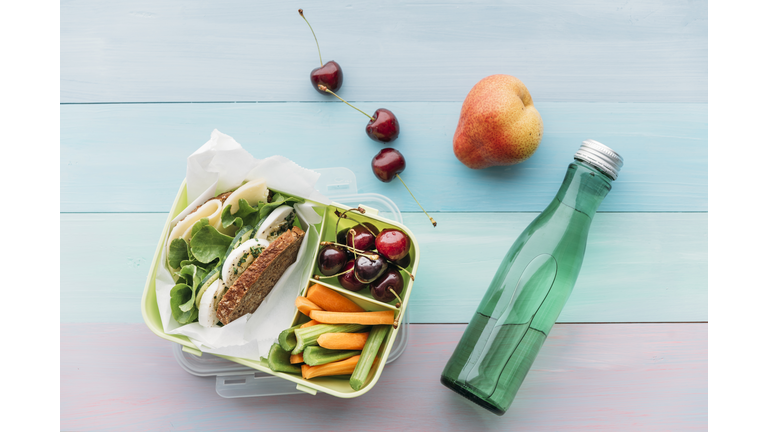 Healthy school food in a lunch box, vegetarian sandwich with cheese, lettuce, cucumber, egg and cress, sliced carrot and celery, cherries and pear