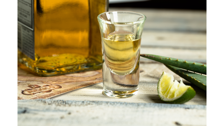 Close-Up Of Tequila Shot By Lime And Aloe Vera On Table