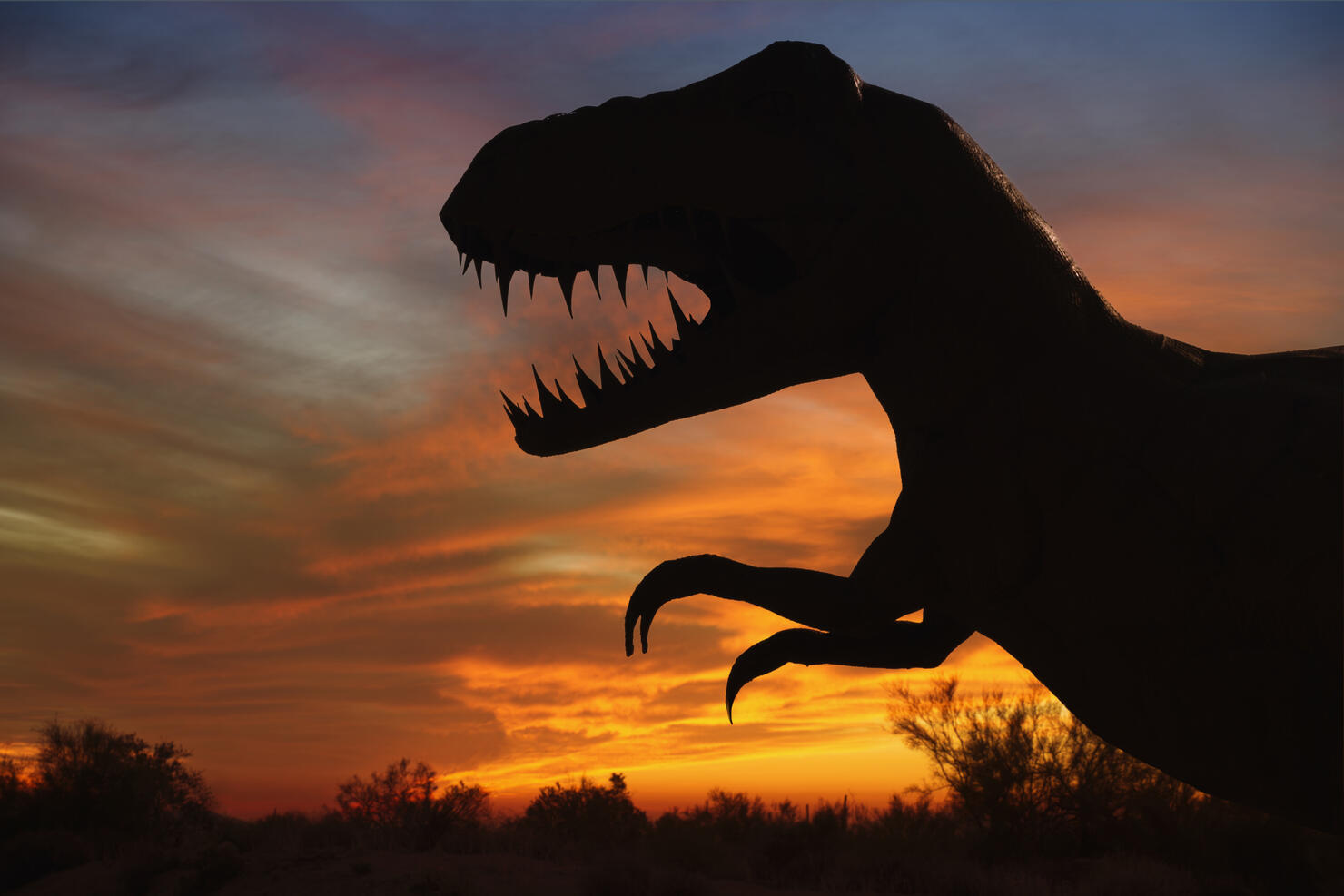 Silhouette of dinosaur sculpture at sunset, Moab, Utah, USA