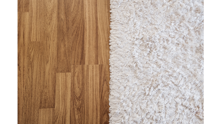 Close-up luxury white carpet on laminate wood floor in living room, interior decoration