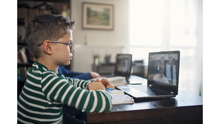 Little boys attending to online school class.