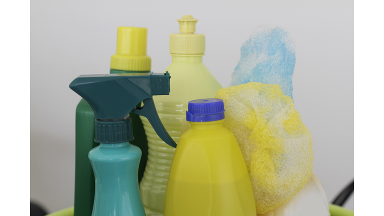House cleaning supplies on white background