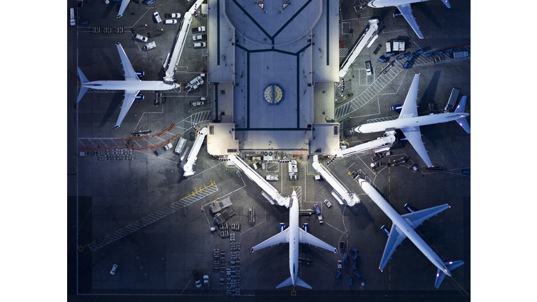 Airliners at  gates and Control Tower at LAX