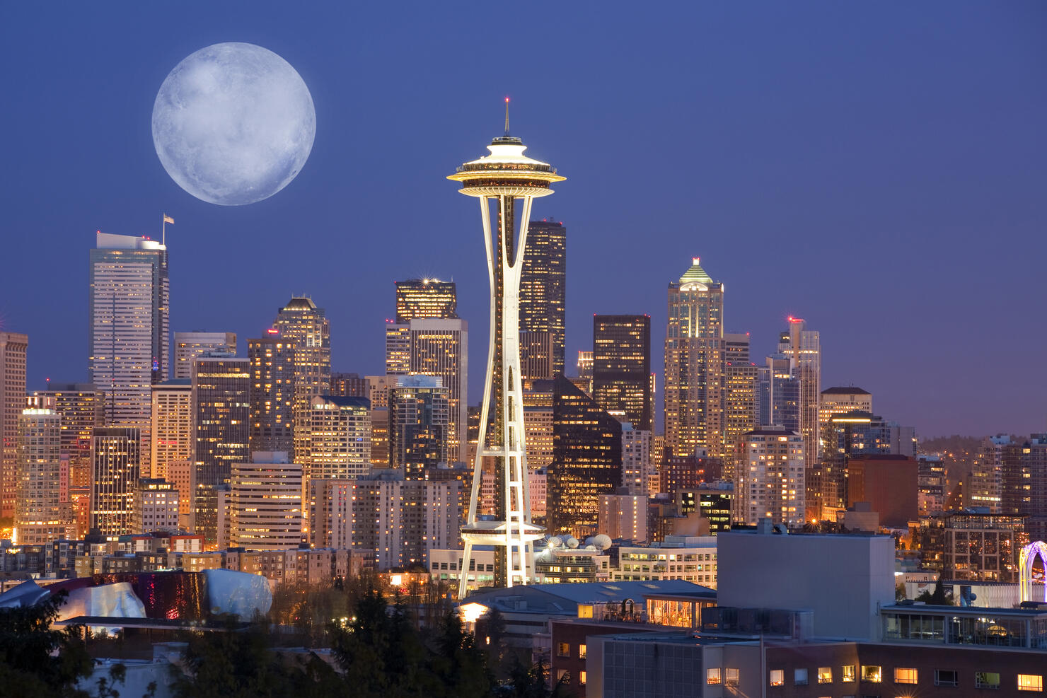 Moon downtown skyline, Seattle, Washington