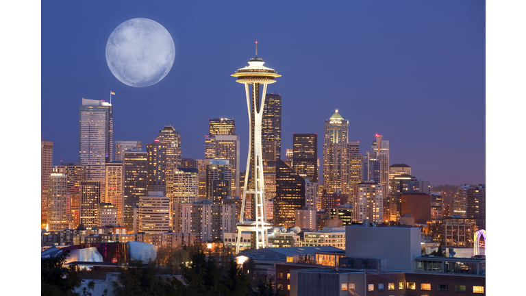 Moon downtown skyline, Seattle, Washington