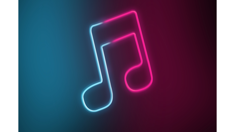 Neon light of musical tone with red and blue colors. Streaming music services for mobile devices.