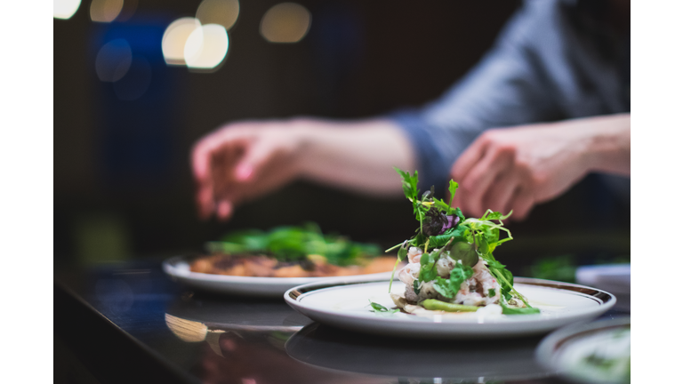 Cook preparing many plates in a restaurant kitchen. Catering. Caterer