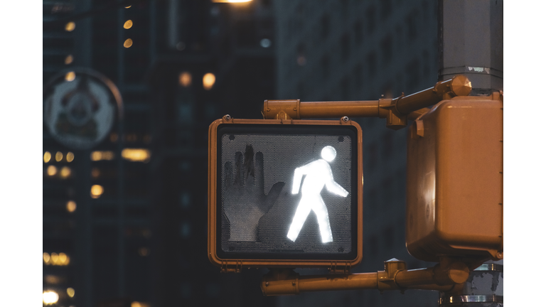 Pedestrian light at night, Manhattan, New York City, USA