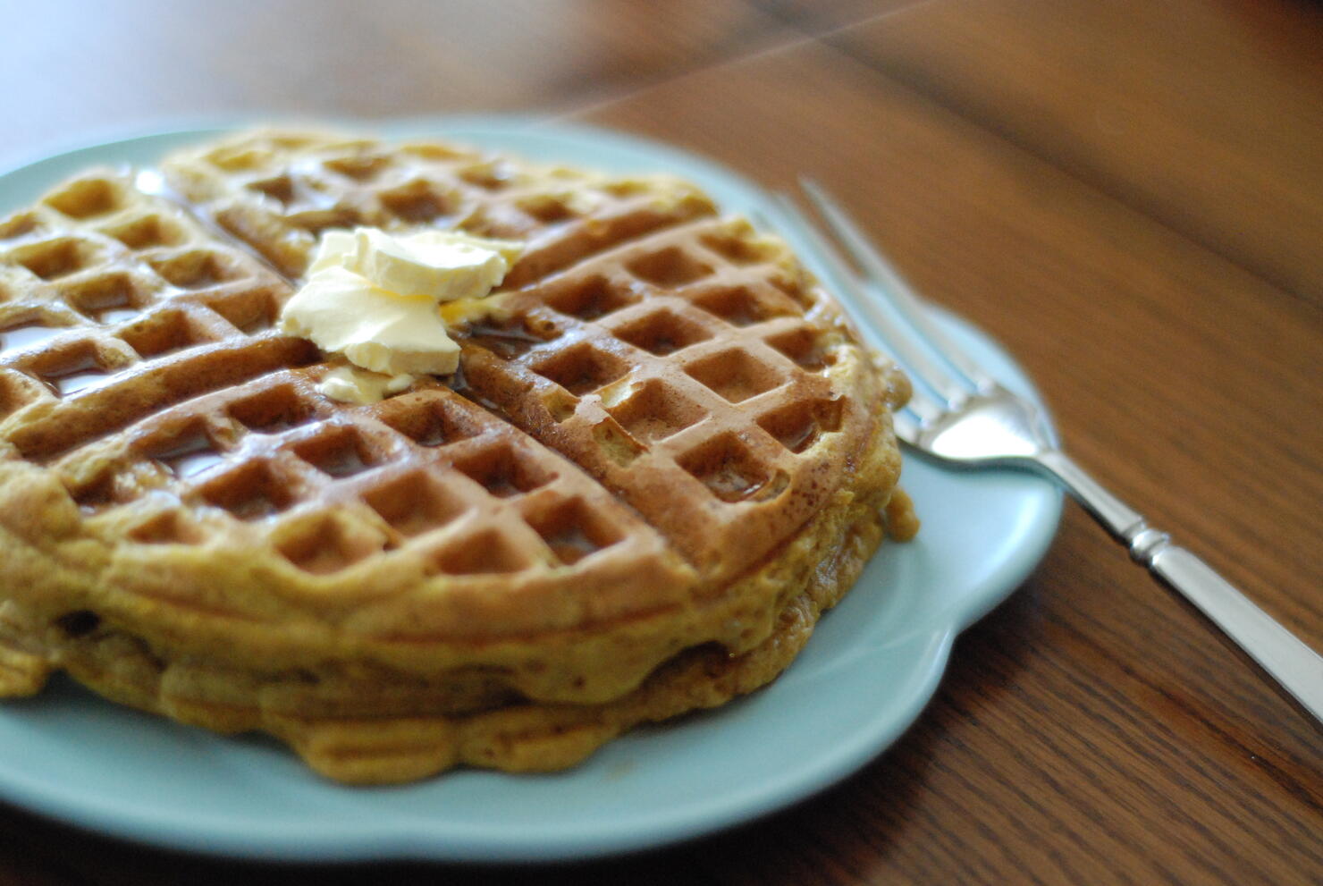 Pumpkin Waffles on Blue Plate