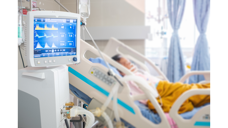 Ventilator monitor ,given oxygen by intubation tube to patient, setting in ICU/Emergency room