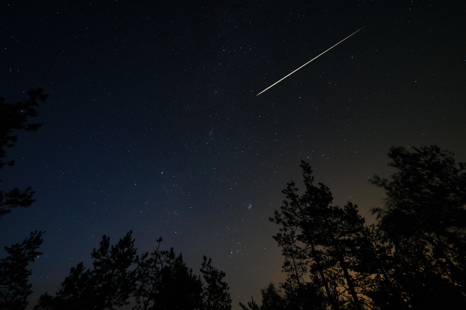 Night scene with starry sky and meteorite trail over forest