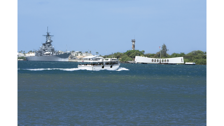 Military ship and a memorial building in the sea, USS Arizona Memorial, Pearl Harbor, Honolulu, Oahu, Hawaii Islands, USA