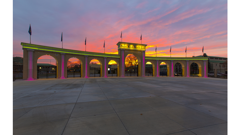 New York State Fairgrounds entrance at sunset