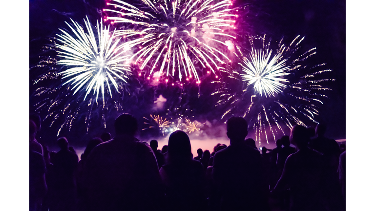 Crowd watching fireworks and celebrating new year eve