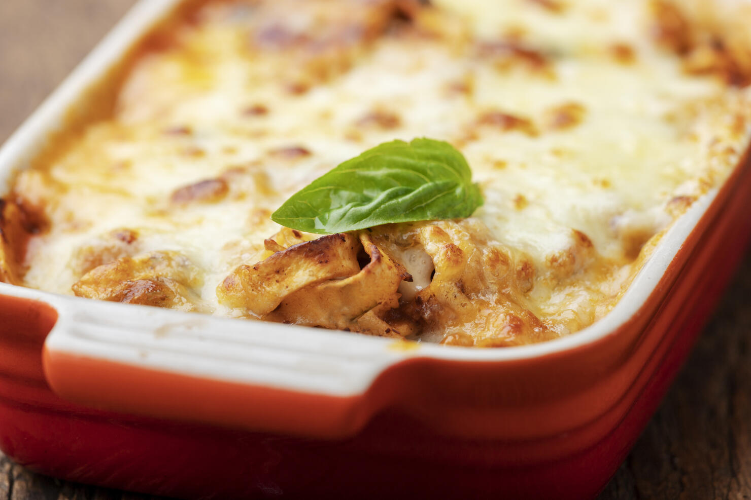 Close-Up Of Lasagna In Casserole On Table