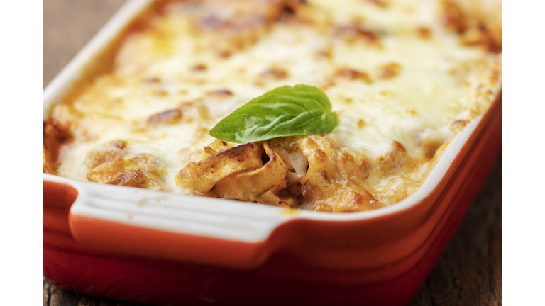 Close-Up Of Lasagna In Casserole On Table