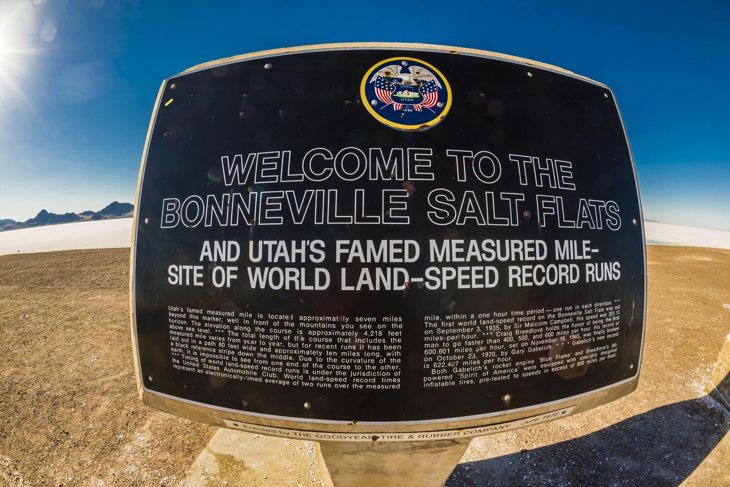 Bonneville Salt Flats, Utah USA. Numerous world land speed records for autos and motorcycles have been set here.