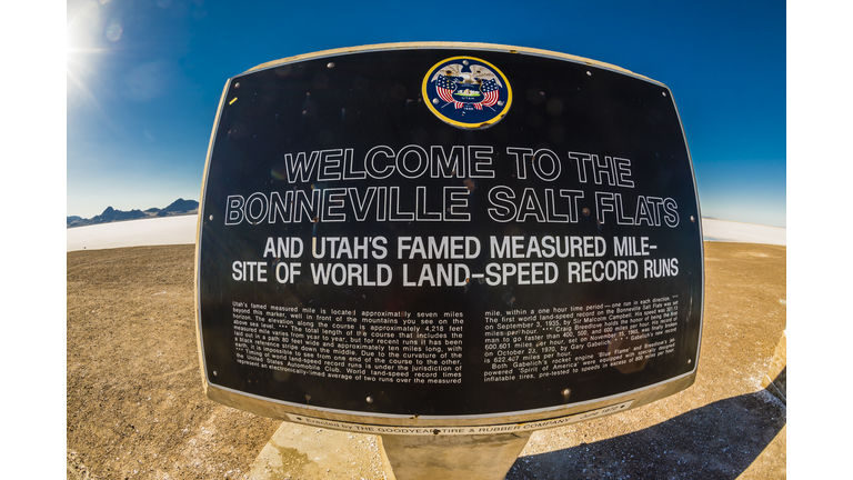 Bonneville Salt Flats, Utah USA. Numerous world land speed records for autos and motorcycles have been set here.