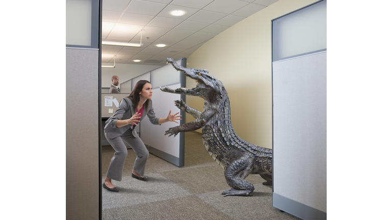 Alligator attacking businesswoman in office cubicle