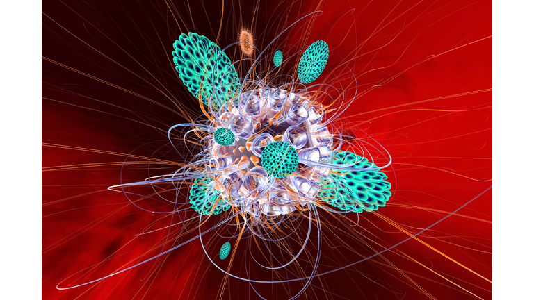 Immune system defense cells attacking a virus, 3D Rendering