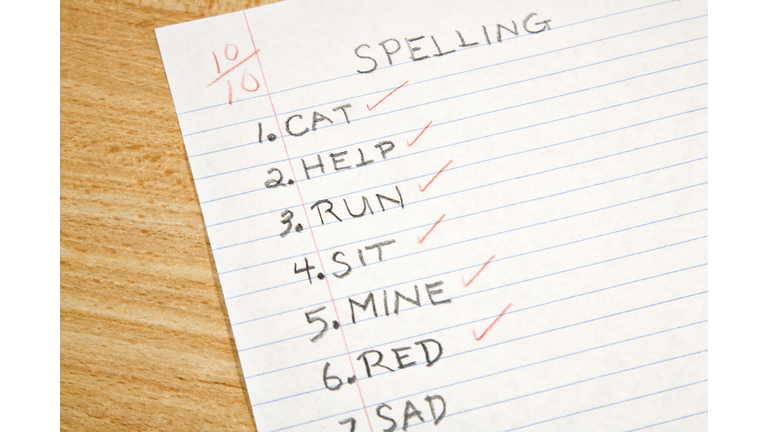 A+ elementary spelling test corrected by teacher