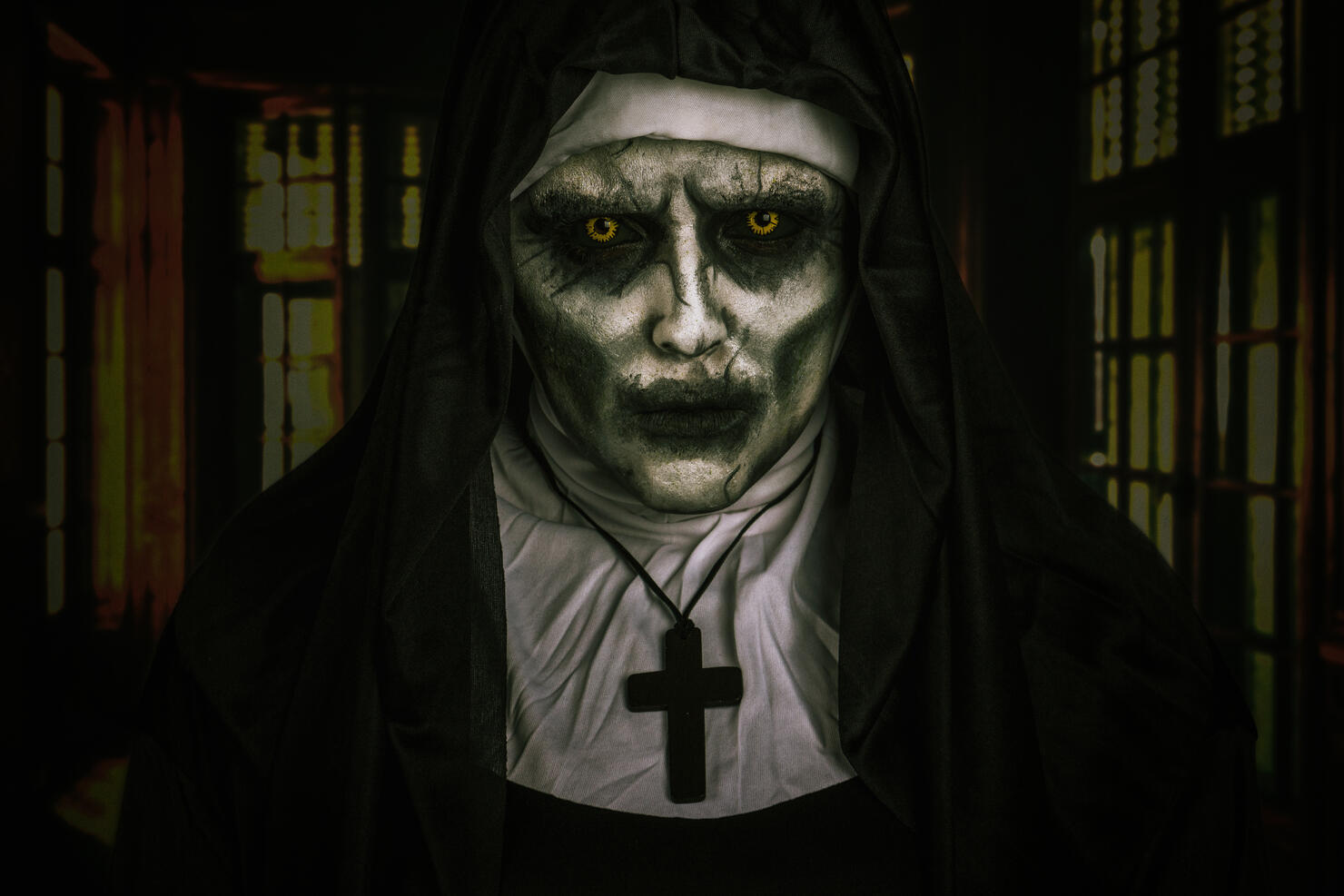 Portrait Of Young Woman Wearing Demon Nun Costume During Halloween