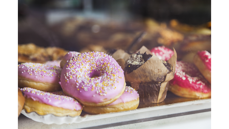 Pink donuts in store window