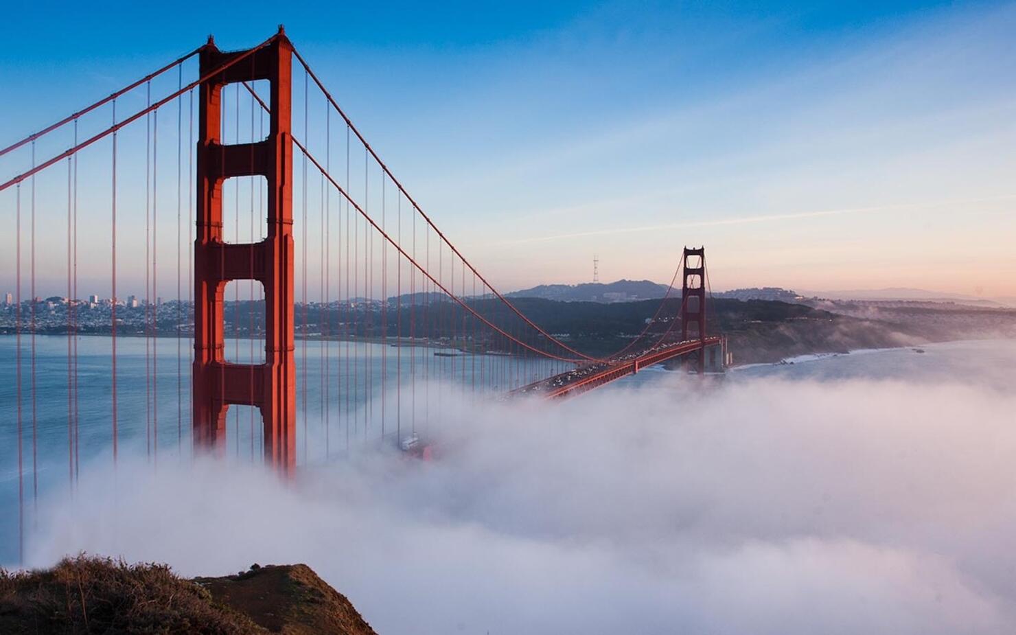 Golden Gate Bridge Over San Francisco Bay In Foggy Weather