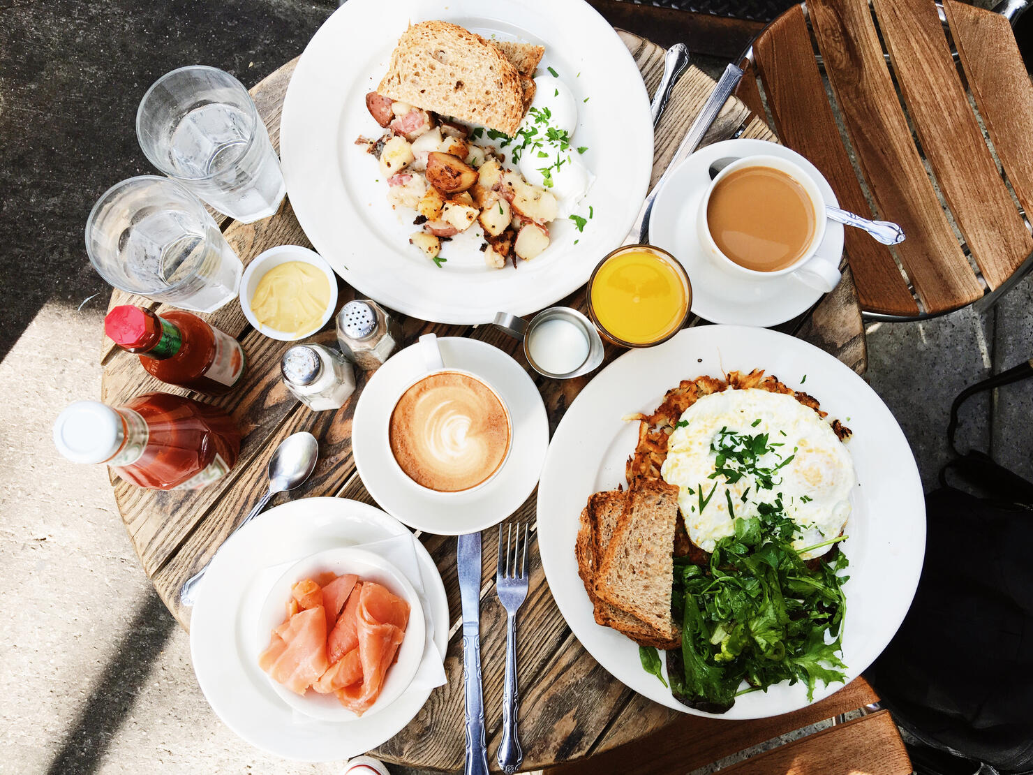 Brunch served on the table, high angle view