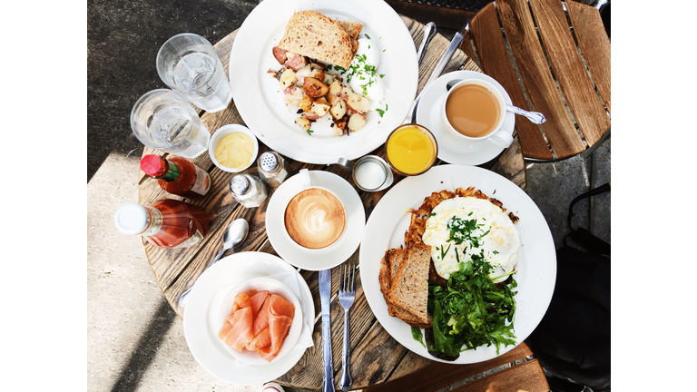 Brunch served on the table, high angle view