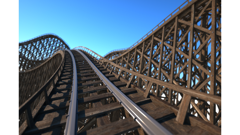 Front car view of a wooden roller coaster track