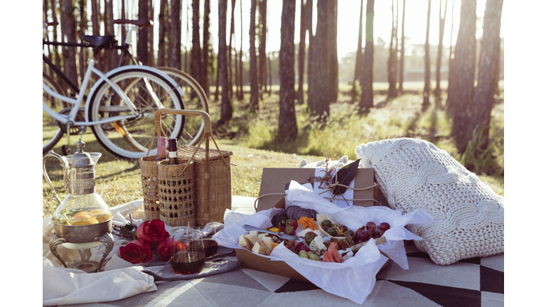 Romantic picnic set up with mixed food platter and win