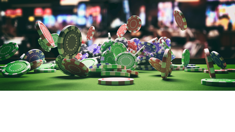 Poker chips falling on green felt roulette table, blur casino interior background. 3d illustration