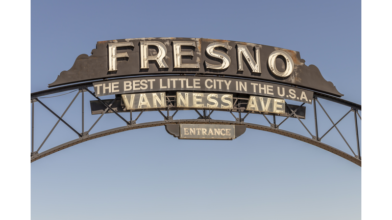 Van Ness Avenue Entrance to Downtown Fresno, California, USA. "The Best Little City in the U.S.A."