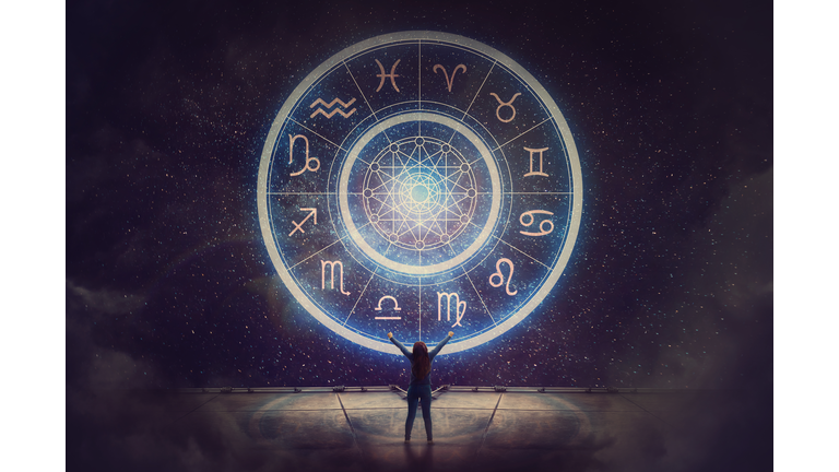 Woman raising hands looking at the night sky. Astrological wheel projection, choose a zodiac sign. Trust horoscope future predictions, consulting stars. Power of universe, astrology esoteric concept.