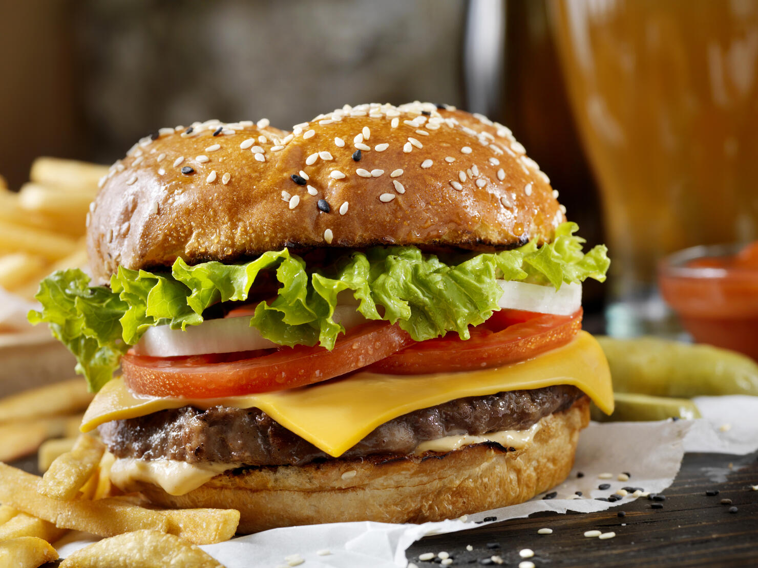 Classic Cheeseburger on a Brioche Bun with Fries and a Milkshake