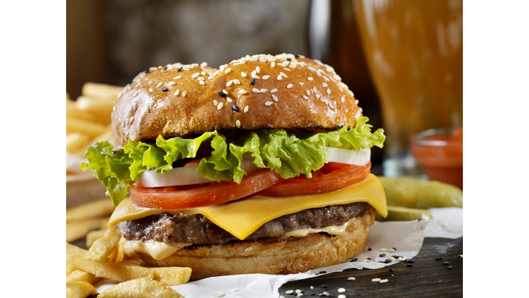 Classic Cheeseburger on a Brioche Bun with Fries and a Milkshake