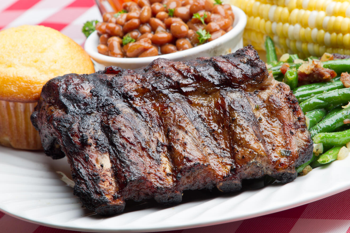 Baby Back Pork Ribs, Baked Beans, Corn on the Cob